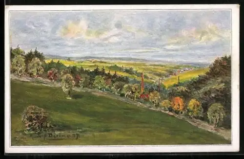 Künstler-AK Lengenfeld / Vogtland, Talblick im Herbst