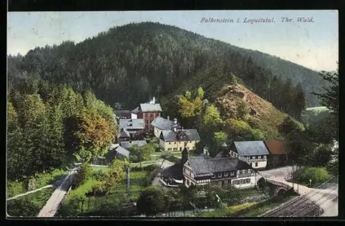 AK Falkenstein / Thür. Wald, Ortsansicht mit Bahnübergang