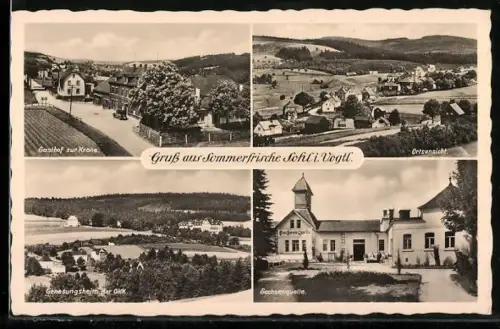 AK Sohl / Bad Elster, Gasthof zur Krone, Genesungsheim der OKK, Sachsenquelle und Totalansicht