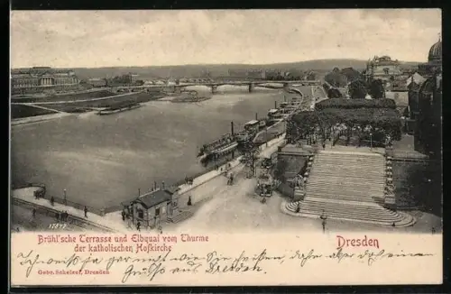 AK Dresden, Brühlsche Terrasse und Elbquai vom Thurme der katholischen Hofkirche