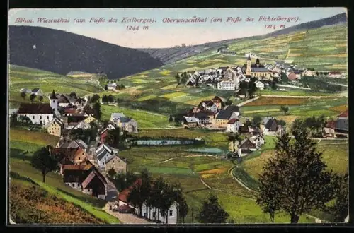 AK Böhm. Wiesenthal am Fusse des Keilberges, Ortsansicht mit Oberwiesenthal am Fuss des Fichtelberges
