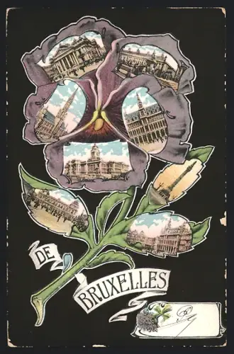 Blumengruss-AK Bruxelles, Rathaus, Denkmal und Strassenpartie im Veilchen
