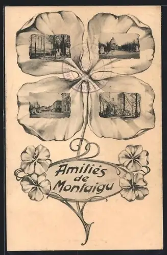 Blumengruss-AK Montaigu, Kirche, Strassenpartie und Ortspartie im Kleeblatt