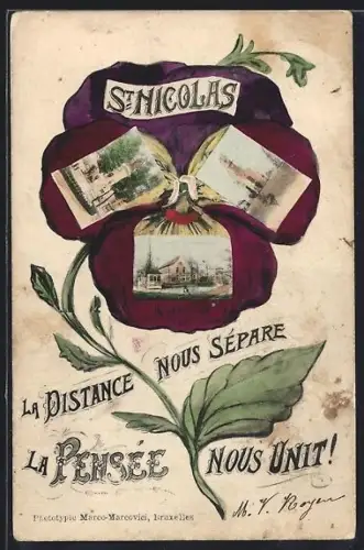 Blumengruss-AK St-Nicolas, Ortspartie und Denkmaler im Stiefmütterchen