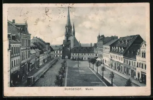 AK Burgstädt / Sachsen, Partie am Markt mit Kirche