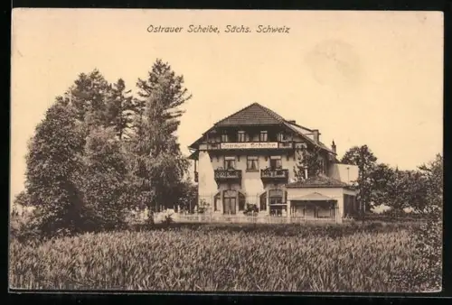 AK Ostrau / Sächs. Schweiz, Blick zum Hotel Ostrauer Scheibe