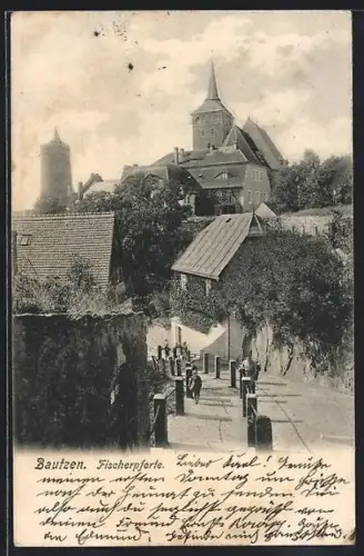 AK Bautzen, Fischerpforte, Ortspartie mit Türmen