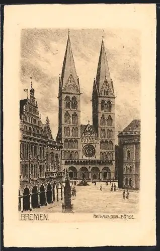 Künstler-AK Bremen, Rathaus, Dom und Börse