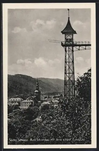 AK Bad Schandau /Sächs. Schweiz, Teilansicht mit dem elektrischen Fahrstuhl