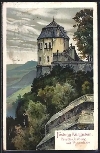 Künstler-AK Königstein, Blick auf Friedrichsburg mit Pagenbett