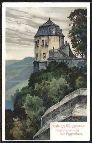 Künstler-AK Königstein, Blick auf Friedrichsburg mit Pagenbett