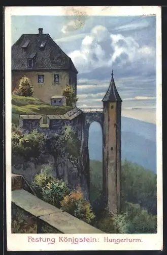 Künstler-AK Königstein / Sächs. Schweiz, Hungerturm an der Festung