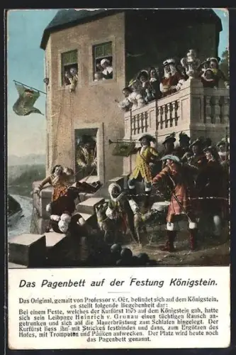 AK Das Pagenbett auf der Festung Königstein, Heinrich von Grunau auf der Mauerbrüstung, Sage