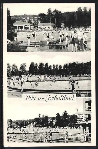 AK Pirna, Geibeltbad mit Badegästen, Sprungturm, Becken