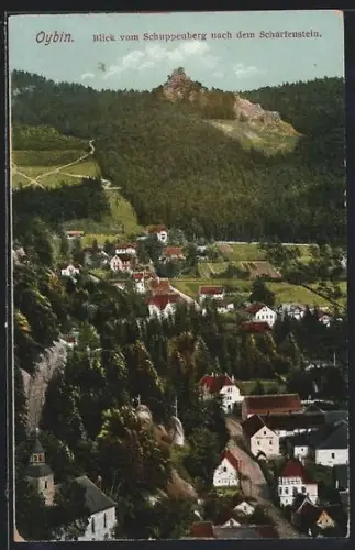 AK Oybin, Ortsansicht mit Scharfenstein vom Schuppenberg aus