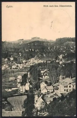 AK Oybin, Ortsansicht mit Johanisstein aus der Vogelschau