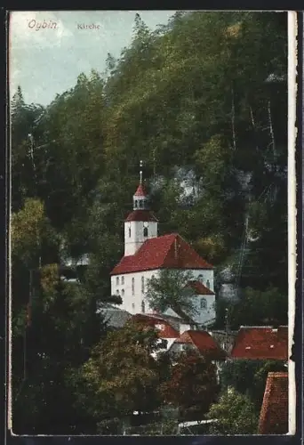 AK Oybin, Kirche mit umliegenden Häusern