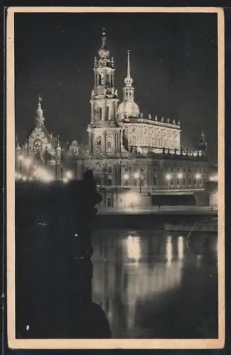 AK Dresden, Kath. Propstei, ehemalige Hof-Kirche bei Nacht