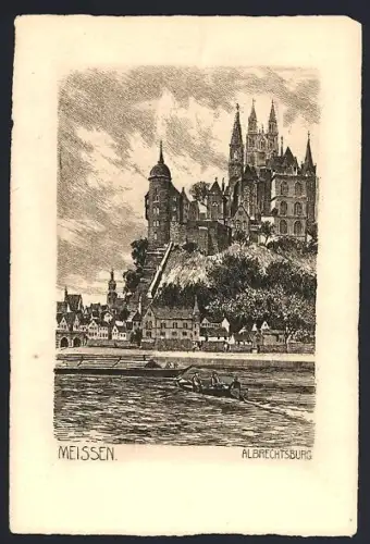 AK Meissen, Blick zur Albrechtsburg, Ruderboot