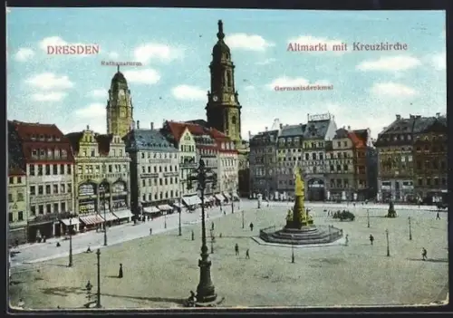 AK Dresden, Altmarkt mit Kreuzkirche, Germaniadenkmal u. Rathausturm aus der Vogelschau