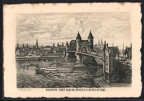 Künstler-AK Bonn, Stadtpanorama mit Rheinbrücke und Dampfer