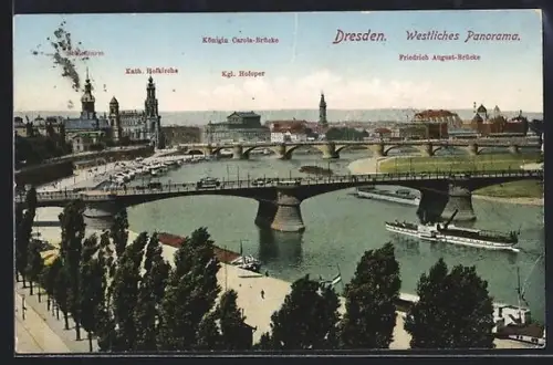 AK Dresden, Westliches Panorama, Kath. Hofkirche, Kgl. Hoftheater, Carolabrücke, Friedrich-August-Brücke