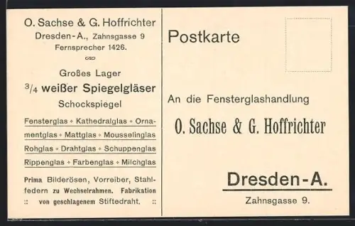 AK Dresden, Fensterglashandlung O. Sachse & G. Hoffrichter, Zahnsgasse 9, Antwortkarte