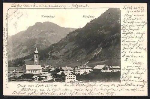 AK Lech, Panorama des Ortes mit Wösterkopf und Schafalpe