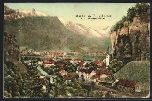 Künstler-AK Bürs, Teilansicht mit Bludenz von der Bürserschlucht aus