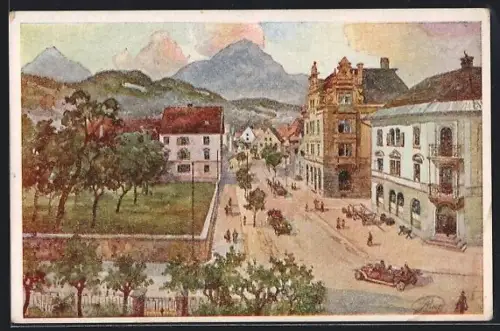AK Bludenz, Reichsstrasse mit Bergpanorama