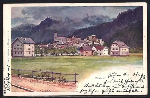 Künstler-AK Franz Kopallik: Bludenz, Teilansicht mit Kirche