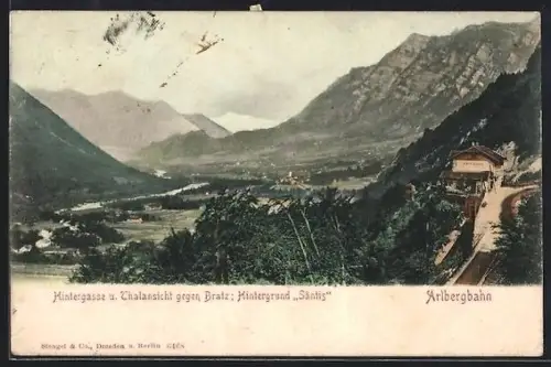AK Innerbraz, Bahnhof Hintergasse der Arlbergbahn und Thalansicht gegen Bratz, Im Hintergrund Säntis