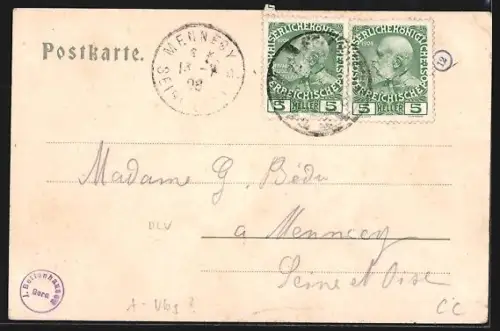 AK Innerbraz, Bahnhof Hintergasse der Arlbergbahn und Thalansicht gegen Bratz, Im Hintergrund Säntis