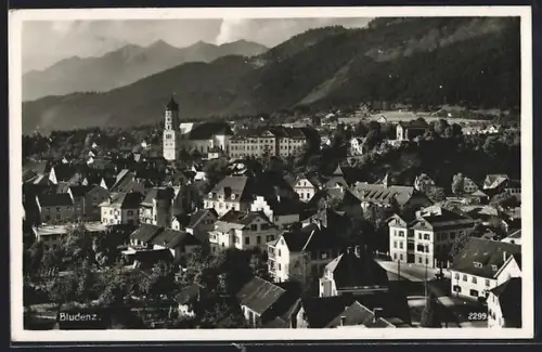 AK Bludenz, Ortsansicht bei Sonne aus der Vogelschau