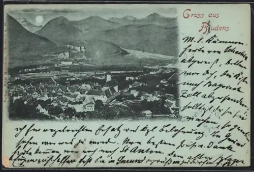 Mondschein-AK Bludenz, Teilansicht mit Kirche