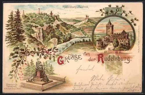 Lithographie Saaleck / Sachsen-Anhalt, Rudelsburg, Panorama mit Burgblick und Bismarckdenkmal