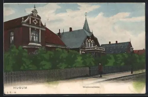 AK Husum / Nordsee, Woldsenstrasse, Villen und Kirchturm