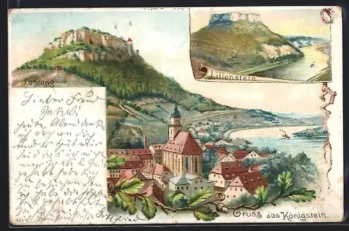 Lithographie Königstein / Elbe, Teilansicht mit Festung und Lilienstein