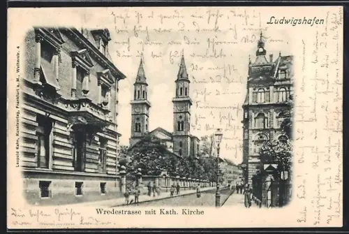 AK Ludwigshafen / Rhein, Wredestrasse mit kath. Kirche