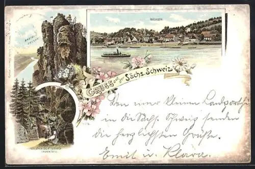 Lithographie Wehlen / Elbe, Bastei-Felsen, Dampferpartie
