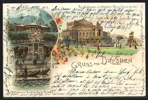 Lithographie Dresden, Hoftheater mit König Johann-Denkmal, Belvedere