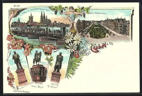 Lithographie Köln, Kaiser Wilhelm-Ring, Bismarckdenkmal, Moltkedenkmal