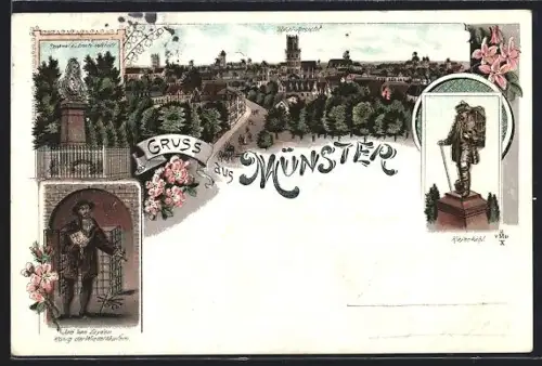 Lithographie Münster / Westfalen, Denkmal der Droste-Hülshoff, Jan van Leyden der Wiedertäufer