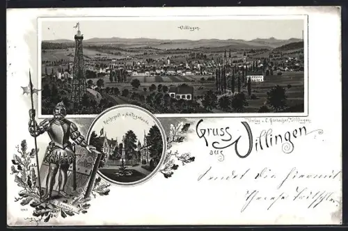 Lithographie Villingen / Baden, Reichspost und Amtsgebäude, Ortsansicht