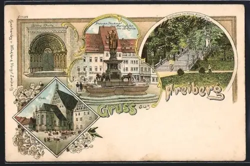 Lithographie Freiberg / Sachsen, Brunnendenkmal, Goldne Pforte, Dom, Freitreppe im König Albert Park