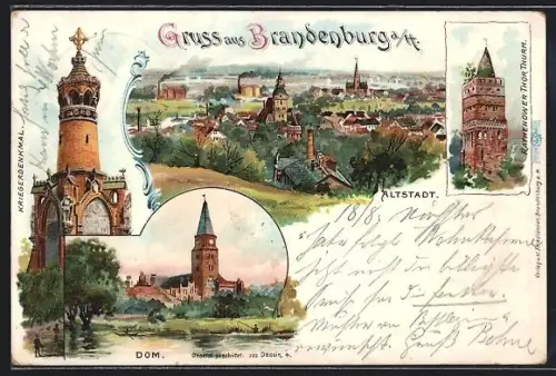 Lithographie Brandenburg / Havel, Dom und Blick in die Altstadt