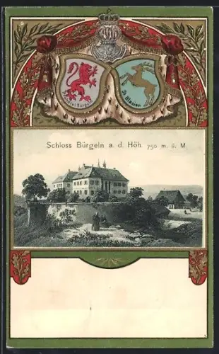 Passepartout-Lithographie Bürgeln, Schloss Bürgeln & Wappen Probstei Bürgeln & St. Blasien