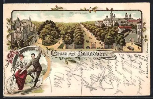 Lithographie Hannover, Herrenhäuser Allee mit Strassenbahn, Paar auf Tandem
