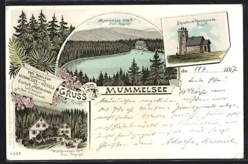 Lithographie Seebach / Schwarzwald, Blick auf das Mummelsee-Hotel, Szene aus der Mummelsee-Sage