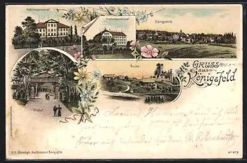 Lithographie Königsfeld / Baden, Mädchenpensionat, Ruine, Knabenpensionat, Kirchhof